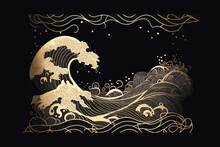 Artistic Landscape Of Mountain Forest And Sea Waves In Oriental Style Painted With Watercolor Texture In Vintage Style. Black Color.