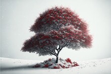  A Tree With Red Leaves In The Snow With A Hill In The Background And Snow Falling On The Ground.