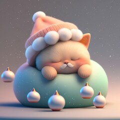 Canvas Print -  a cat with a hat and a mustache is sleeping on a ball of snow with white balls around it. Generative AI