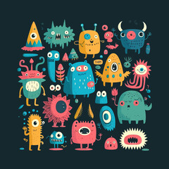 Wall Mural - Various cute colorful bizarre monster creatures. Isolated on background. Cartoon flat vector illustration