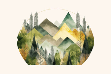 Leinwandbilder - Artistic landscape of a mountain forest in oriental style painted with watercolor texture in vintage style. Isolated on background. Cartoon flat vector illustration