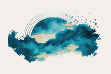 A Blue Brush Stroke With Japanese Oriental Style, Clouds Waves Isolated On A White Background. Abstract Design With Watercolor Texture.