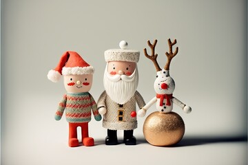 Canvas Print -  three small figurines are standing next to a ball and a reindeer head on a white background with a gold ornament. Generative AI