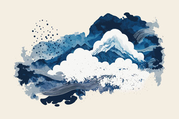 Poster - a blue brush stroke with japanese oriental style, clouds waves isolated on a white background. abstr