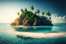  A Tropical Island With Palm Trees On An Island In The Ocean With A Boat In The Water And A Boat In The Water. Generative AI