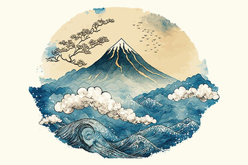 an artistic landscape with a mountain and an ocean painted with a blue watercolor texture in vintage