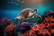  a turtle swimming over a coral reef in the ocean with other fish and corals around it. Generative AI