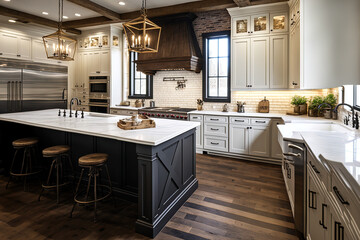 a new luxury home's traditional kitchen features a farmhouse sink, hardwood floors, wood beams, a hu