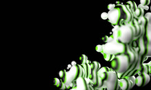 Abstract Background Of Flying, Flowing Spheres, Metaballs.  Green Black Striped Substance Slime Frame In The Corner Isolated On Black Background. Subsurface Scattering . Depth Of Field. 3D Render