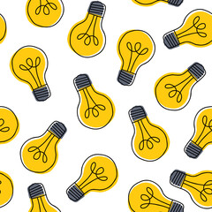Wall Mural - hand drawn seamless pattern with randomly placed yellow light bulbs.