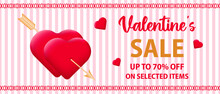 Discount Banner For Valentine's Day. Pink Striped Background With A Pair Of Hearts Shot Through By An Arrow And Text For Sale. Concept Of Promoting Purchases And Discounts On Selected Items. Vector.