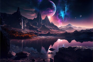 Wall Mural - a deserted abstract colorful alien landscape. alien planets during sunrise. a beautiful landscape on