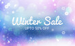 © visuals6x - Winter Sale banner design with white snowflakes and snowstorm background design. Fifty percent off concept backdrop