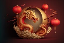 Golden Chinese Dragon With Paper Lanterns On Red
