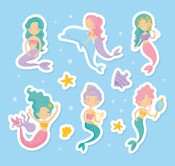 Canvas Print - Mermaid Stickers with Cute Swimming Girl with Fish Tails Vector Set