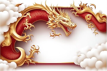 Golden chinese dragon with paper clouds on yellow