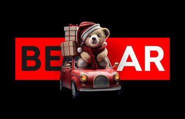 Sticker - The bear is sitting in a red car in a Santa Claus cap, surrounded by gift boxes. Vector illustrator