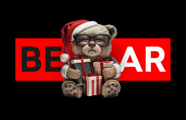 Poster - Santa bear in a red cap sits on the floor surrounded by gifts for the new year and Christmas. Vector illustrator