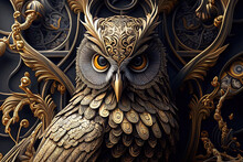 Stylized Ornate Owl, Tree, Flowers, Carving Sketch Art For Artist Creativity And Inspiration. Generative AI	
