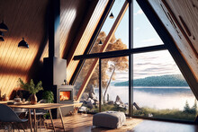 Holiday Or Vacation Rental Modern Scandinavian Timber Home With A Warm Living Area, Fireplace, Indoor Plants, Triangle Shaped Huge Window, And Lake View In The Distance. Generative AI