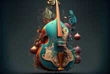 Fantasy Design Music Contrabass Decorated With Christmas Toys. Generative AI