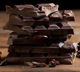 Canvas Print - Stack of broken chocolate on wooden table