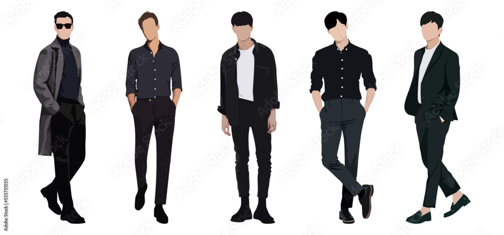 Group fashion men in modern trendy outfits. Young people wearing ...