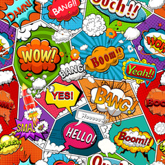 Wall Mural - Comic book page divided by lines seamless pattern with speech bubbles and rocket. Illustration
