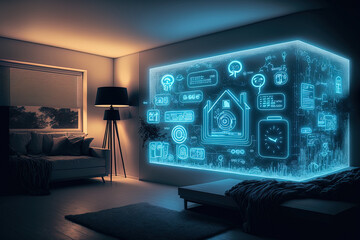 Poster - Glowing smart home interface symbols over the inside of the living area. current technology and the concept of smart home control. Generative AI