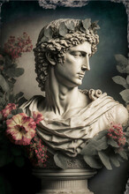 Oil Painting Statue Of David Portrait, Marble, Surrounded By Roses, Blossoms And Old Vintage Background - Digital Illustration -1