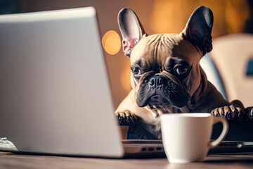 Poster - french bulldog working on laptop while sitting at table with coffee cup and looks exhausted to camer