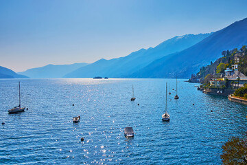 Sticker - Small yachts on shiny waters of Lake Maggiore, Ascona, Switzerland