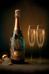 Wall Mural - sparkling champagne bottle with two glasses