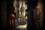 Fototapeta Uliczki - A narrow street in Istanbul with shops and a coffee shop overlooking the Galata Tower. Turkish traditional old view of Istanbul. AI
