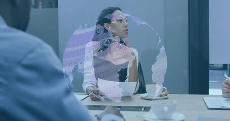 Poster - Animation of globe icon spinning over biracial man with document talking to her colleagues at office