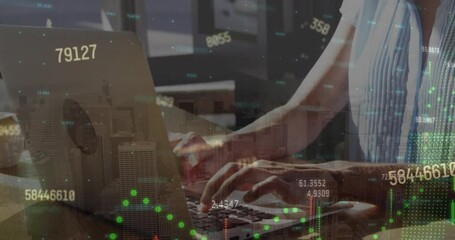 Poster - Animation of data processing over caucasian woman using laptop