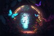 Plant light neon tunnel with butterflies. Abstract neon background with flowers and butterflies. Abstract fantasy floral sci-fi neon portal. Flower plants with neon illumination. AI