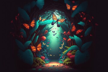 Wall Mural - Plant light neon tunnel with butterflies. Abstract neon background with flowers and butterflies. Abstract fantasy floral sci-fi neon portal. Flower plants with neon illumination. AI