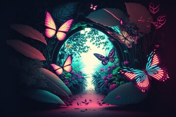 Wall Mural - Plant light neon tunnel with butterflies. Abstract neon background with flowers and butterflies. Abstract fantasy floral sci-fi neon portal. Flower plants with neon illumination. AI