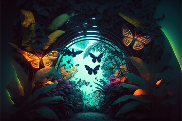 Wall Mural - Plant light neon tunnel with butterflies. Abstract neon background with flowers and butterflies. Abstract fantasy floral sci-fi neon portal. Flower plants with neon illumination. AI