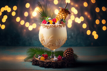 Poster - cocktail pina colada with decorations on a backdrop of craft lights, berries, almonds, and greenery.