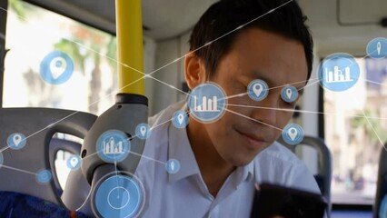 Poster - Animation of network of connections over asian man talking on smartphone in bus