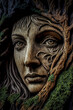Wooden sculpture of a mystical face referring to Roman or Celtic mythologies. The sculpture evokes the magic of the forests and the immortality of the gods.