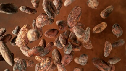 Poster - Super slow motion of rotating cocoa beans and powder. Filmed on high speed cinema camera, 1000 fps placed on high speed cine bot.  Camera moving up with rotation.