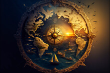 An Ancient World Map Combining Elegance And Erudition, This Image Offers A View Of A Sunset Over The Ocean Perfect To Enrich Any Design. In An Antique Compass.