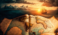 Antique World Map Illustrating An Ancient Seascape With A Sailing Ship. Ideal For Computer Graphics, Embellishing Content And Provoking Emotions.