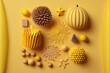 Christmas decorations in a minimalistic flat lay on a yellow backdrop, top view. Generative AI