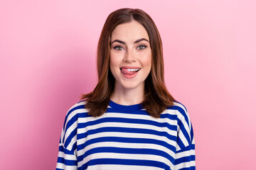 Poster - Close up photo of adorable cute lovely lady wear stylish clothes waiting her delicious dinner meal isolated on pink color background