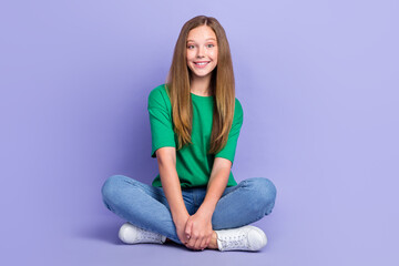 Poster - Photo of glad cute nice lady schoolkid sitting enjoying free time break pause spending time alone isolated on purple color background