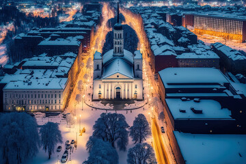 Canvas Print - Beautiful wintertime view of Vilnius, showing streets, churches, and homes blanketed in snow. nighttime aerial view. Vilnius, Lithuania, in the wintertime. Generative AI